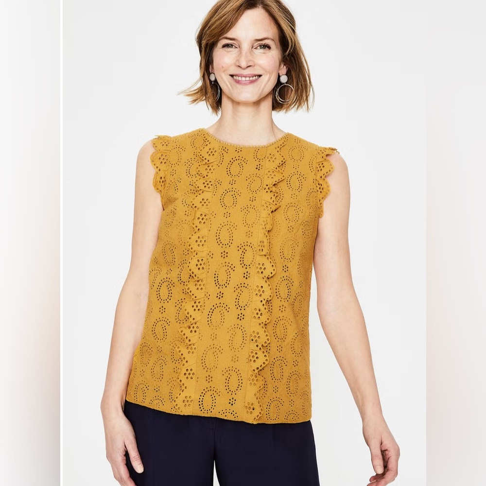 Boden Hallie Broderie Mustard Yellow Eyelet Sleeveless Top Size US 6